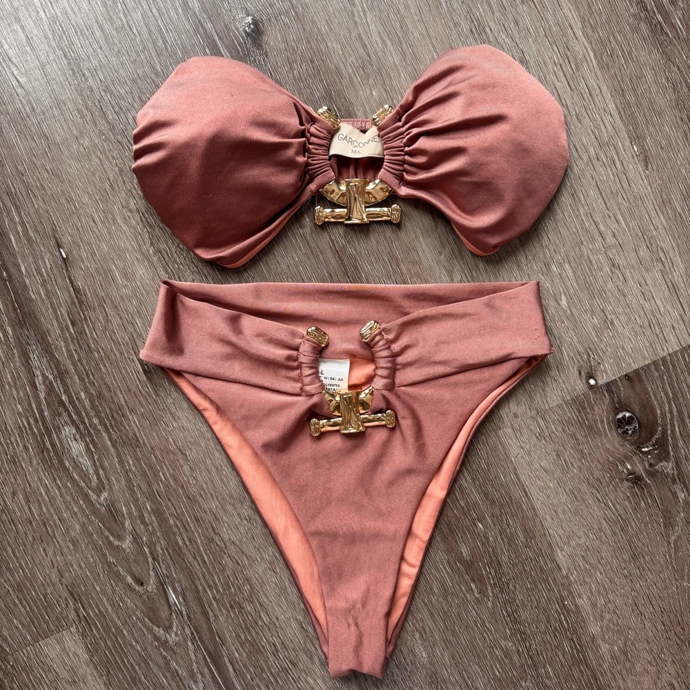 Vintage 90s Italian Garconne Bikini Brown Gold Metal Hardware High Cut Bandeau